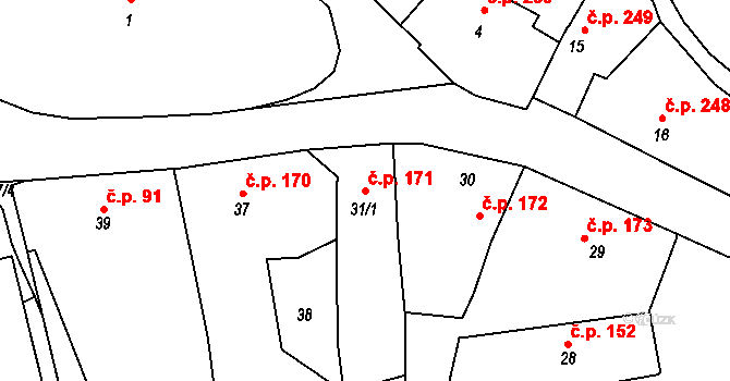 Bystřice nad Pernštejnem 171 na parcele st. 31/1 v KÚ Bystřice nad Pernštejnem, Katastrální mapa