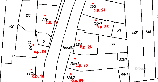 Louky 26, Zlín na parcele st. 124 v KÚ Louky nad Dřevnicí, Katastrální mapa