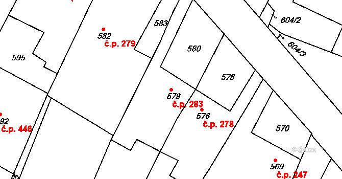 Želechovice nad Dřevnicí 283 na parcele st. 579 v KÚ Želechovice nad Dřevnicí, Katastrální mapa