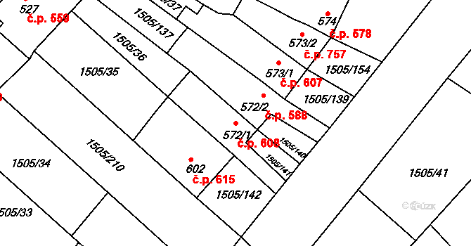 Ostrožské Předměstí 608, Uherský Ostroh na parcele st. 572/1 v KÚ Ostrožské Předměstí, Katastrální mapa