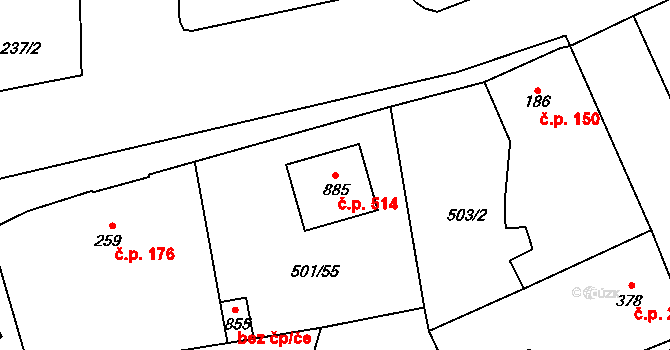 Horní Bříza 514 na parcele st. 885 v KÚ Horní Bříza, Katastrální mapa