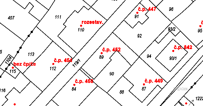 Libčice nad Vltavou 452 na parcele st. 89 v KÚ Letky, Katastrální mapa