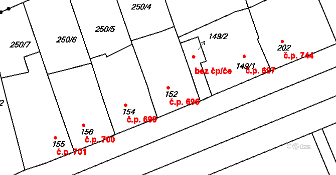 Rudná 696 na parcele st. 152 v KÚ Hořelice, Katastrální mapa