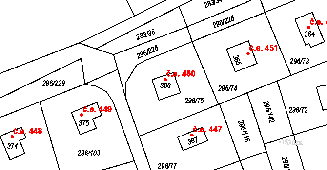 Slapy 450 na parcele st. 366 v KÚ Přestavlky u Slap, Katastrální mapa