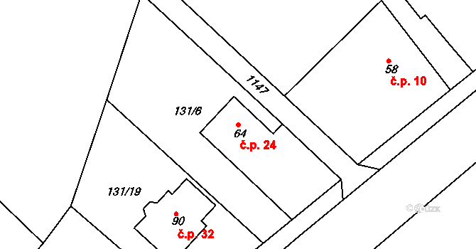 Dolní Raškovice 24, Svinčany na parcele st. 64 v KÚ Raškovice u Přelouče, Katastrální mapa