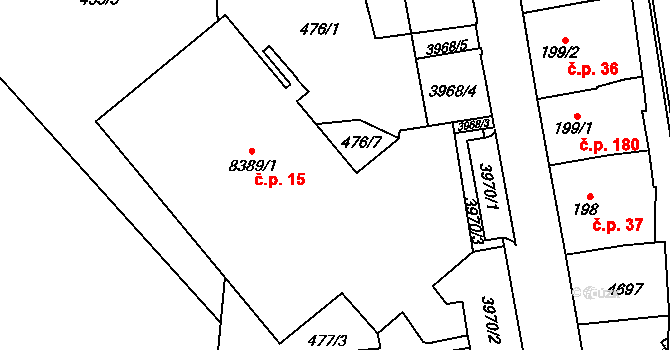 Bílé Předměstí 15, Pardubice na parcele st. 8389/1 v KÚ Pardubice, Katastrální mapa