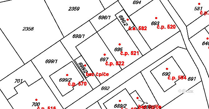 Jedovnice 522 na parcele st. 697 v KÚ Jedovnice, Katastrální mapa