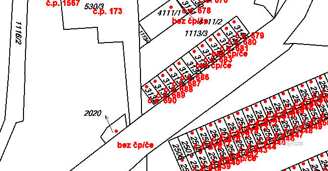 Humpolec 688 na parcele st. 3134 v KÚ Humpolec, Katastrální mapa