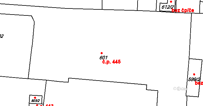 Podbořany 445 na parcele st. 601 v KÚ Podbořany, Katastrální mapa