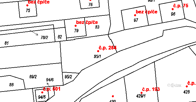 Hlohovec 254 na parcele st. 95/1 v KÚ Hlohovec, Katastrální mapa