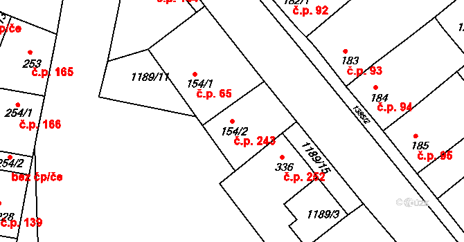 Doksy 243 na parcele st. 154/2 v KÚ Doksy u Kladna, Katastrální mapa