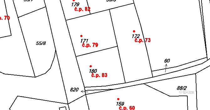 Čtveřín 83 na parcele st. 180 v KÚ Čtveřín, Katastrální mapa
