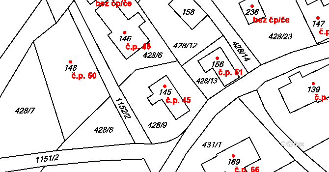 Bukovina 45, Mírová pod Kozákovem na parcele st. 145 v KÚ Bělá u Turnova, Katastrální mapa