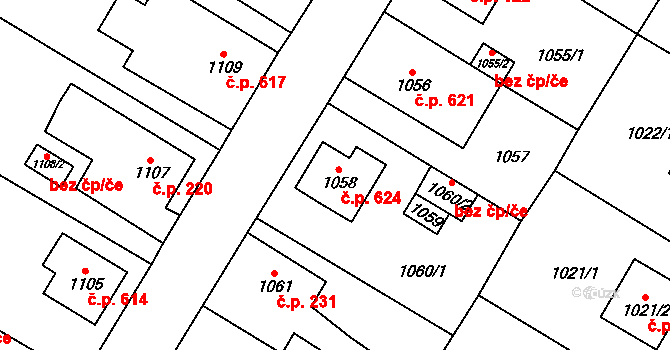 Kosmonosy 624 na parcele st. 1058 v KÚ Kosmonosy, Katastrální mapa