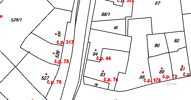 Křelov 44, Křelov-Břuchotín na parcele st. 84 v KÚ Křelov, Katastrální mapa