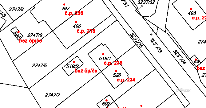 Lužná 235 na parcele st. 519/1 v KÚ Lužná u Vsetína, Katastrální mapa