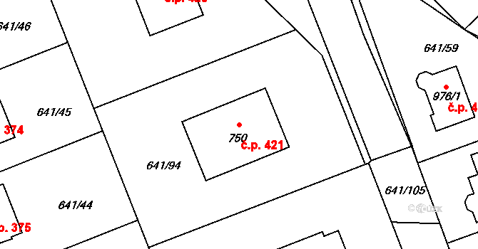 Chýnov 421 na parcele st. 750 v KÚ Chýnov u Tábora, Katastrální mapa