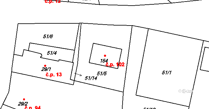 Patřín 102, Loučeň na parcele st. 154 v KÚ Patřín, Katastrální mapa