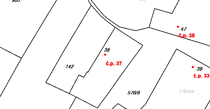 Kdousov 37 na parcele st. 38 v KÚ Kdousov, Katastrální mapa