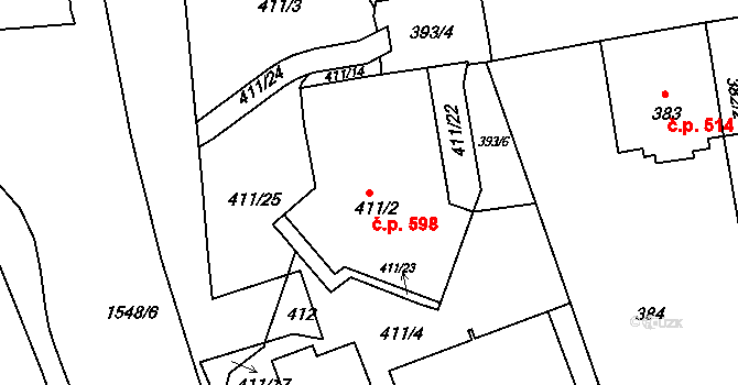 Komárov 598, Brno na parcele st. 411/2 v KÚ Komárov, Katastrální mapa