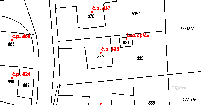 Hostomice 439 na parcele st. 880 v KÚ Hostomice pod Brdy, Katastrální mapa