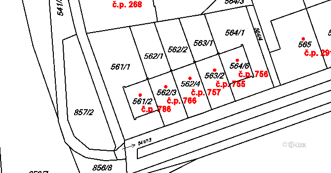 Bohnice 766, Praha na parcele st. 562/3 v KÚ Bohnice, Katastrální mapa