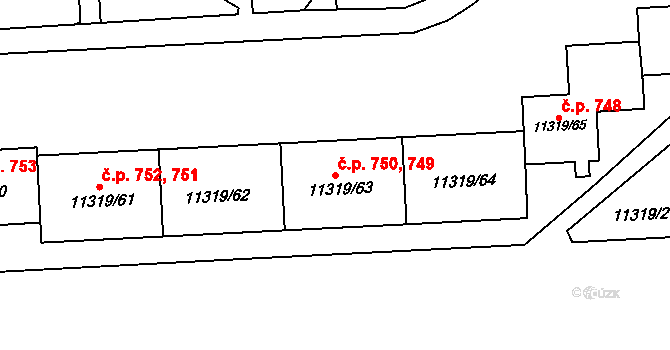 Severní Předměstí 749,750, Plzeň na parcele st. 11319/63 v KÚ Plzeň, Katastrální mapa