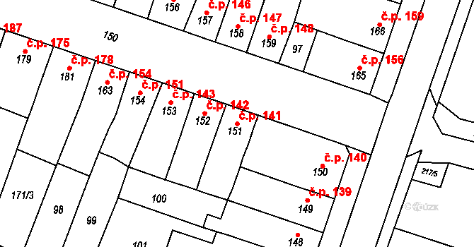 Domamyslice 141, Prostějov na parcele st. 151 v KÚ Domamyslice, Katastrální mapa