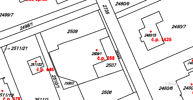 Dolní Suchá 258, Havířov na parcele st. 2508/1 v KÚ Dolní Suchá, Katastrální mapa
