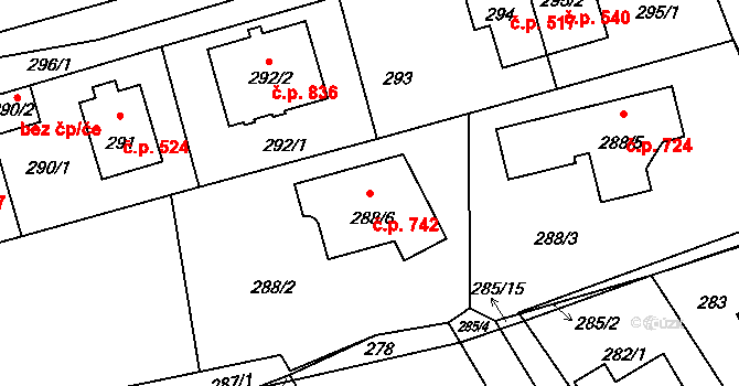 Průhonice 742 na parcele st. 288/6 v KÚ Hole u Průhonic, Katastrální mapa