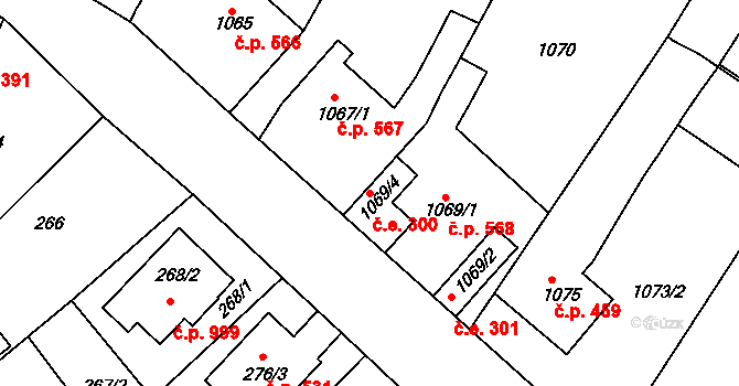 Bystřice nad Pernštejnem 300 na parcele st. 1069/4 v KÚ Bystřice nad Pernštejnem, Katastrální mapa
