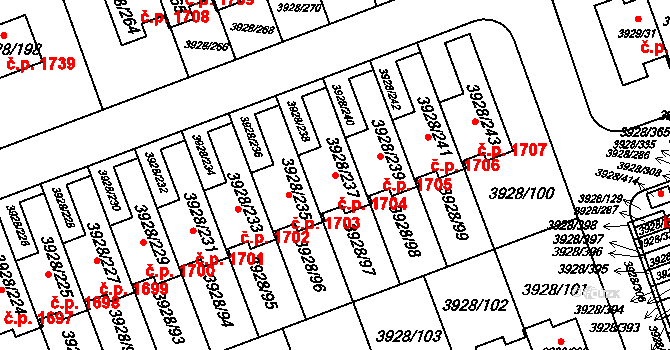 Úvaly 1704 na parcele st. 3928/237 v KÚ Úvaly u Prahy, Katastrální mapa