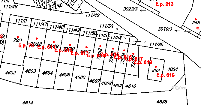 Lenešice 615 na parcele st. 72/32 v KÚ Lenešice, Katastrální mapa