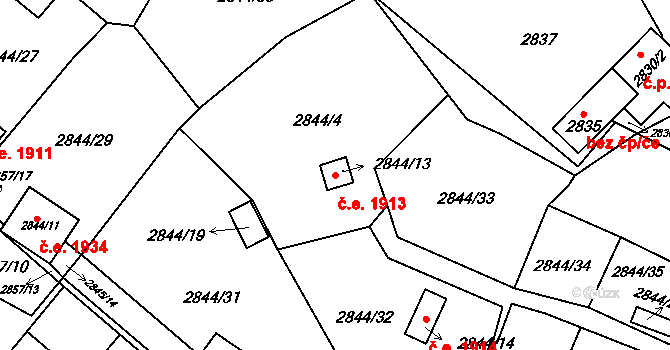 Kadaň 1913 na parcele st. 2844/13 v KÚ Kadaň, Katastrální mapa