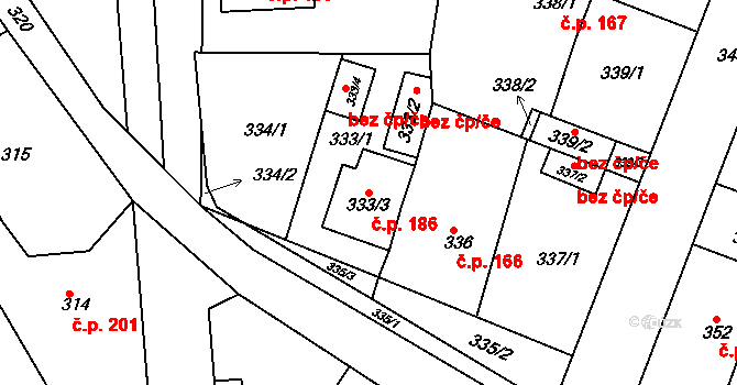 Horní Ves 186, Fryšták na parcele st. 333/3 v KÚ Horní Ves u Fryštáku, Katastrální mapa