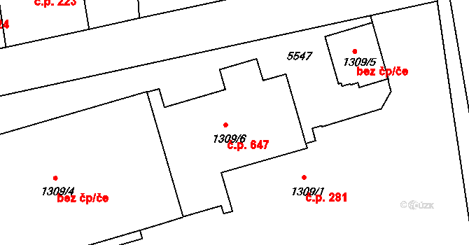 Týnské Předměstí 647, Domažlice na parcele st. 1309/6 v KÚ Domažlice, Katastrální mapa