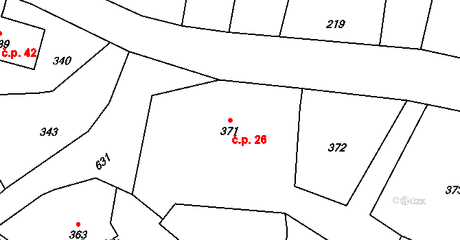 Vlčnov 26, Starý Jičín na parcele st. 371 v KÚ Vlčnov u Starého Jičína, Katastrální mapa