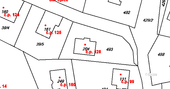 Merklín 128 na parcele st. 204 v KÚ Merklín u Karlových Var, Katastrální mapa