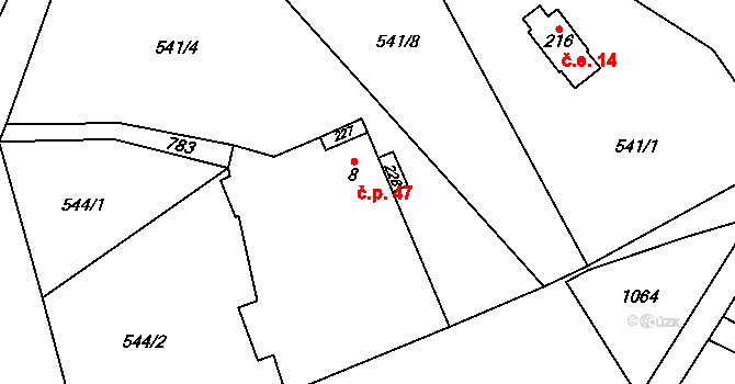 Úbislavice 47 na parcele st. 8 v KÚ Úbislavice, Katastrální mapa