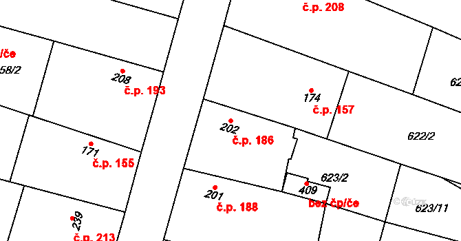 Krchleby 186 na parcele st. 202 v KÚ Krchleby u Nymburka, Katastrální mapa
