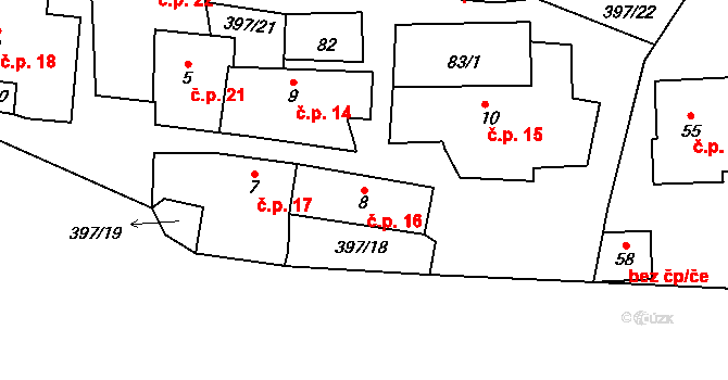 Slaník 16 na parcele st. 8 v KÚ Slaník, Katastrální mapa