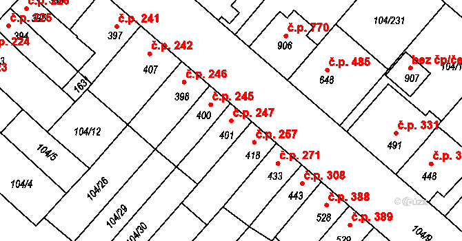 Podklášteří 247, Třebíč na parcele st. 401 v KÚ Podklášteří, Katastrální mapa