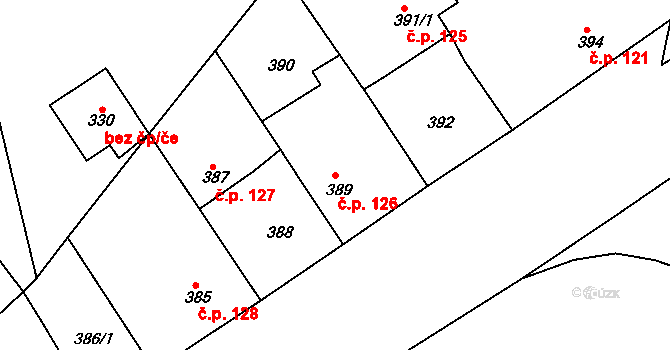 Hudcov 126, Teplice na parcele st. 389 v KÚ Hudcov, Katastrální mapa