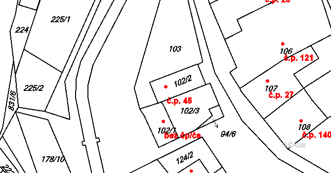 Tušť 45, Suchdol nad Lužnicí na parcele st. 102/2 v KÚ Tušť, Katastrální mapa