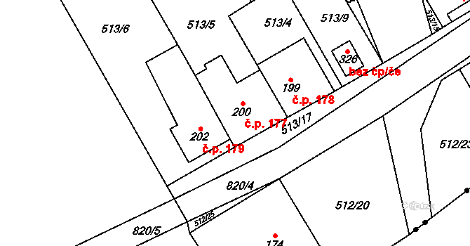 Podluhy 177 na parcele st. 200 v KÚ Podluhy, Katastrální mapa
