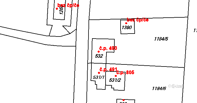 Rtyně v Podkrkonoší 490 na parcele st. 532 v KÚ Rtyně v Podkrkonoší, Katastrální mapa