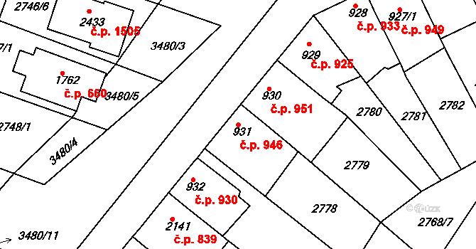 Rosice 946 na parcele st. 931 v KÚ Rosice u Brna, Katastrální mapa
