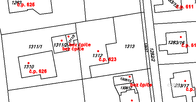 Prostřední Suchá 623, Havířov na parcele st. 1312 v KÚ Prostřední Suchá, Katastrální mapa