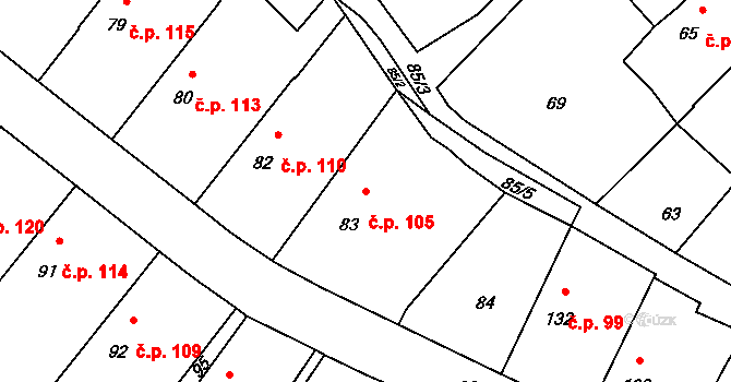 Velké Chvalovice 105, Pečky na parcele st. 83 v KÚ Velké Chvalovice, Katastrální mapa