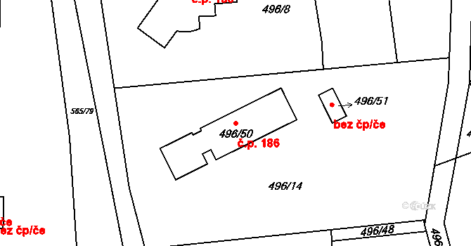 Kanice 186 na parcele st. 496/50 v KÚ Kanice, Katastrální mapa